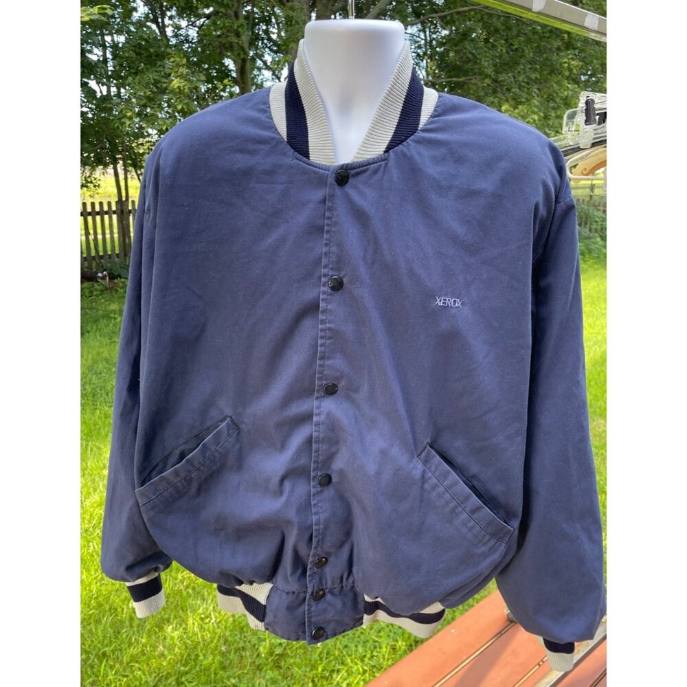 Vintage DeLong Xerox XL Varsity Bomber Jacket Navy Blue Polyester/Cotton